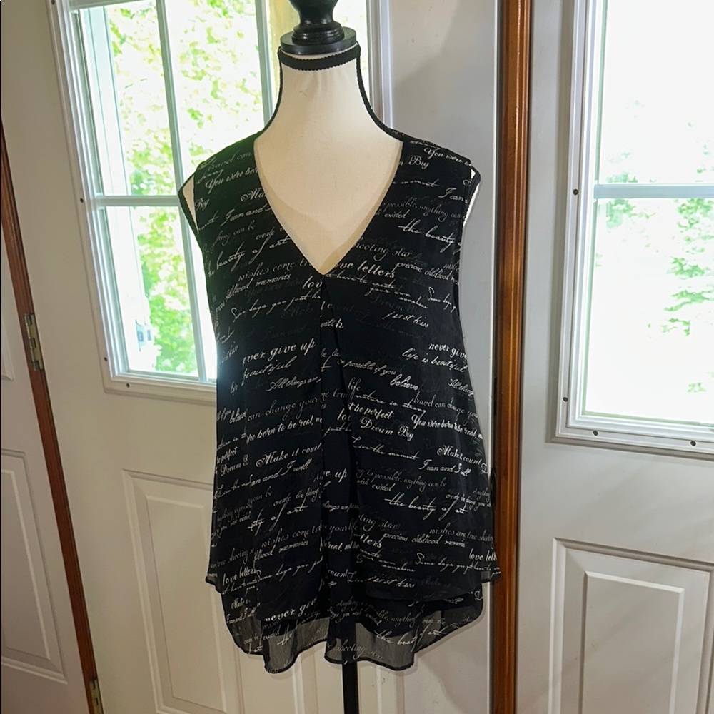 Tamara H Black Script Print Sheer Layered Women's Top